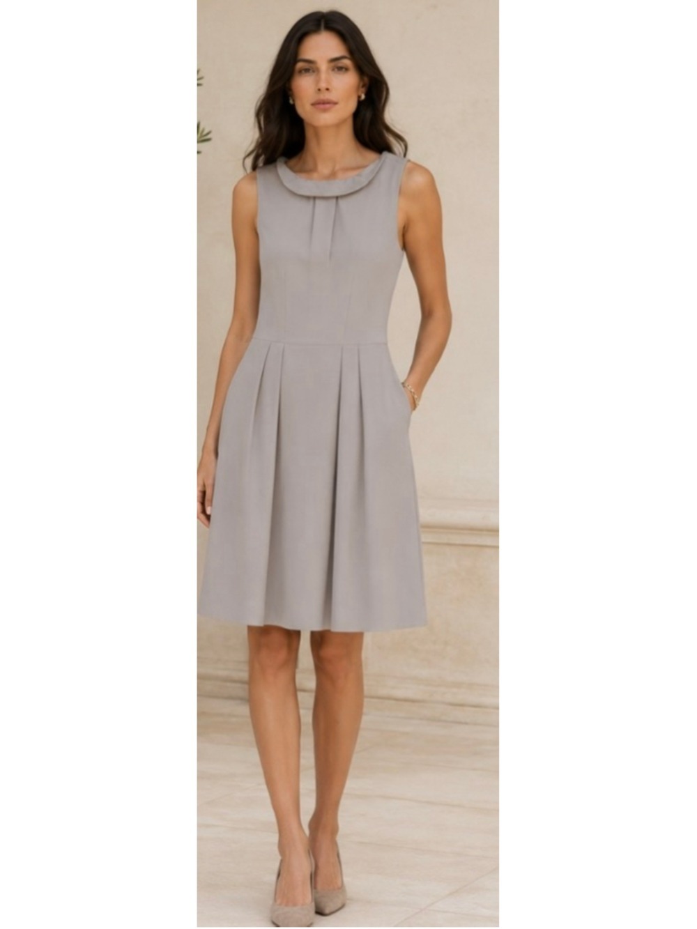 Emporio Armani Sleeveless Midi Dress, Size 42/6, Grey Knee Length Classic Luxury